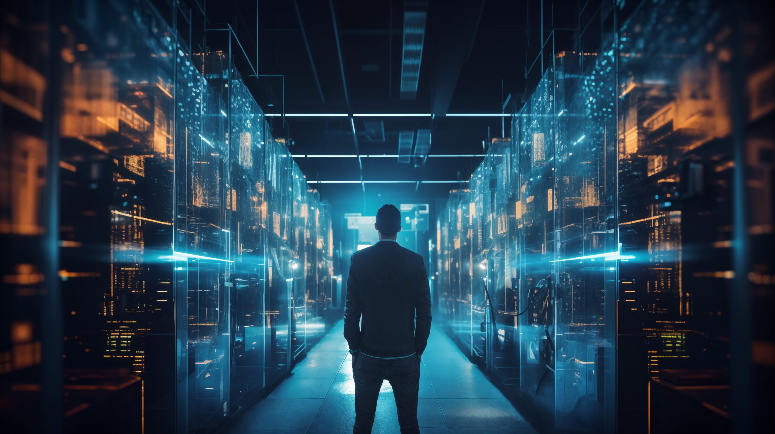 Futuristic Concept: Data Center Chief Technology Officer, Standing In Warehouse, Information Digitalization Lines Streaming Through Servers. SAAS, Cloud Computing, Web Service