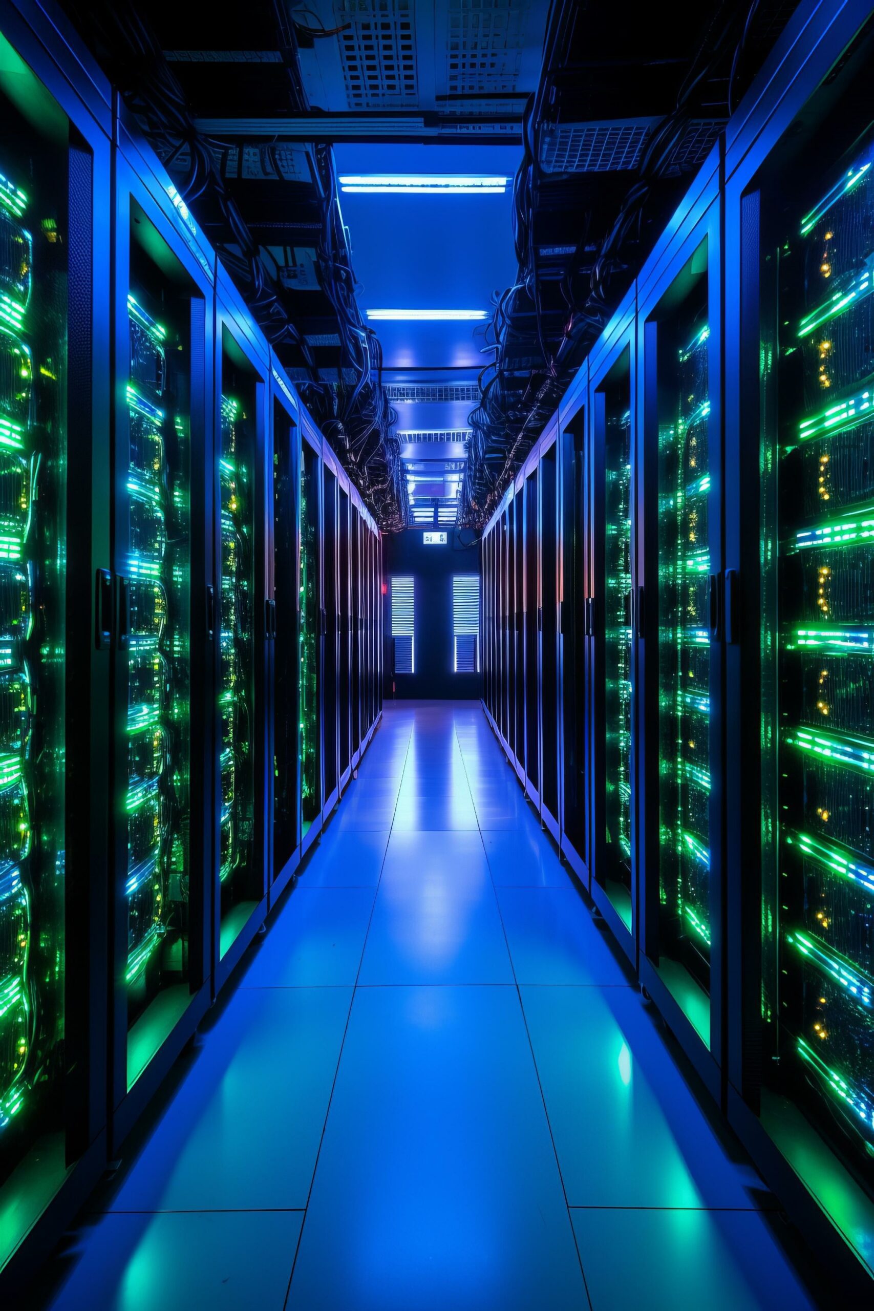 Server room with green and blue lights