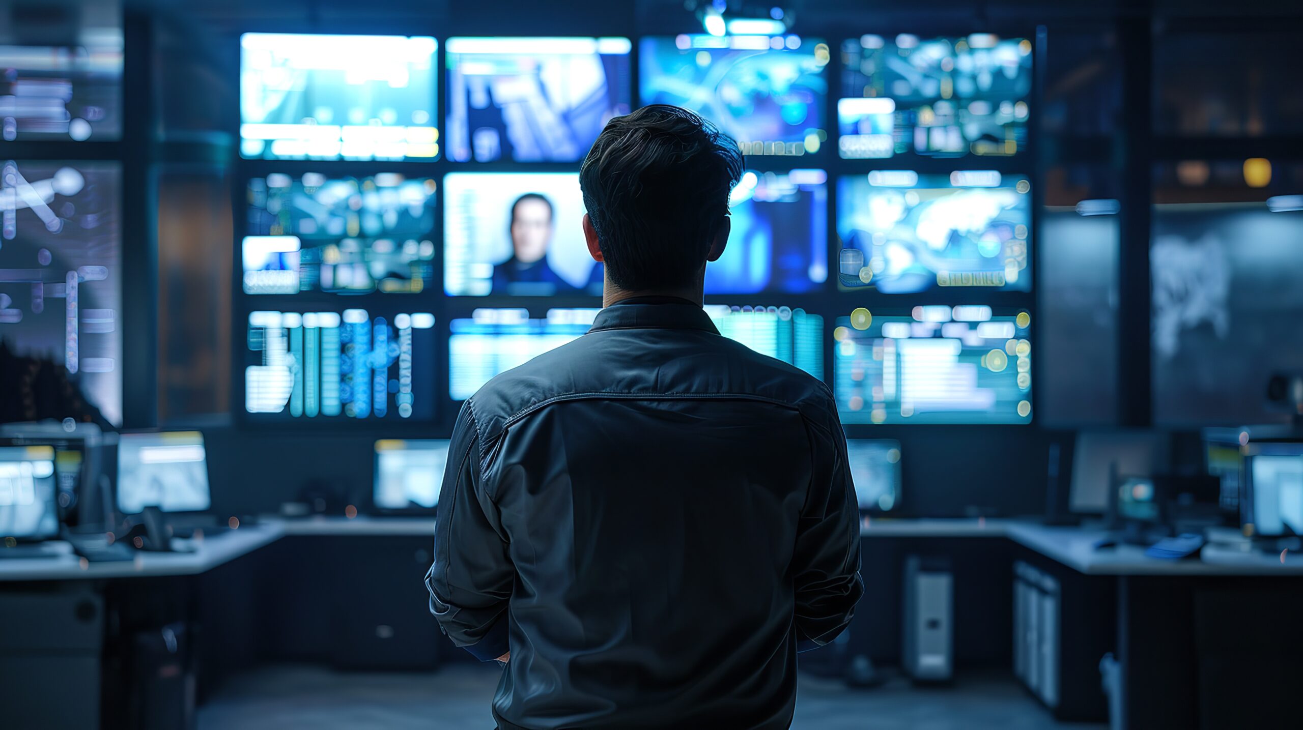 professional security analyst monitors multiple screens displaying data and security metrics in a high-tech control room.